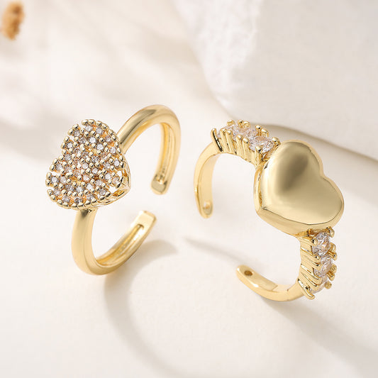 Minimalist 18K Gold Plated Brass Heart Ring with Cubic Zirconia for Women