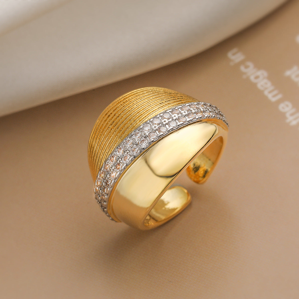 Minimalist Geometric Open Ring for Women in Copper with 18K Gold Plating and Zircon Inlay