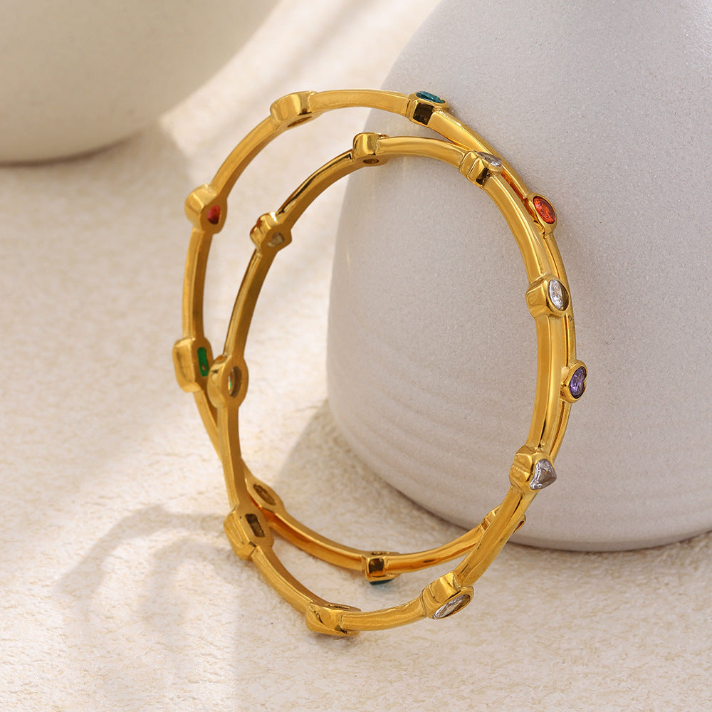 Elegant 18K Gold Plated Stainless Steel Heart Geometric Cubic Zirconia Line Bracelet for Women
