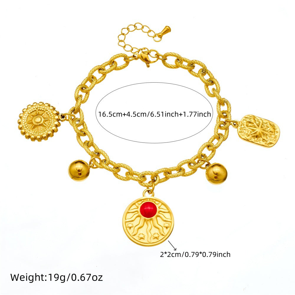 Set collana e bracciale da donna in acciaio inossidabile con finitura placcata, con pendente irregolare a forma di sole, d'ispirazione vintage