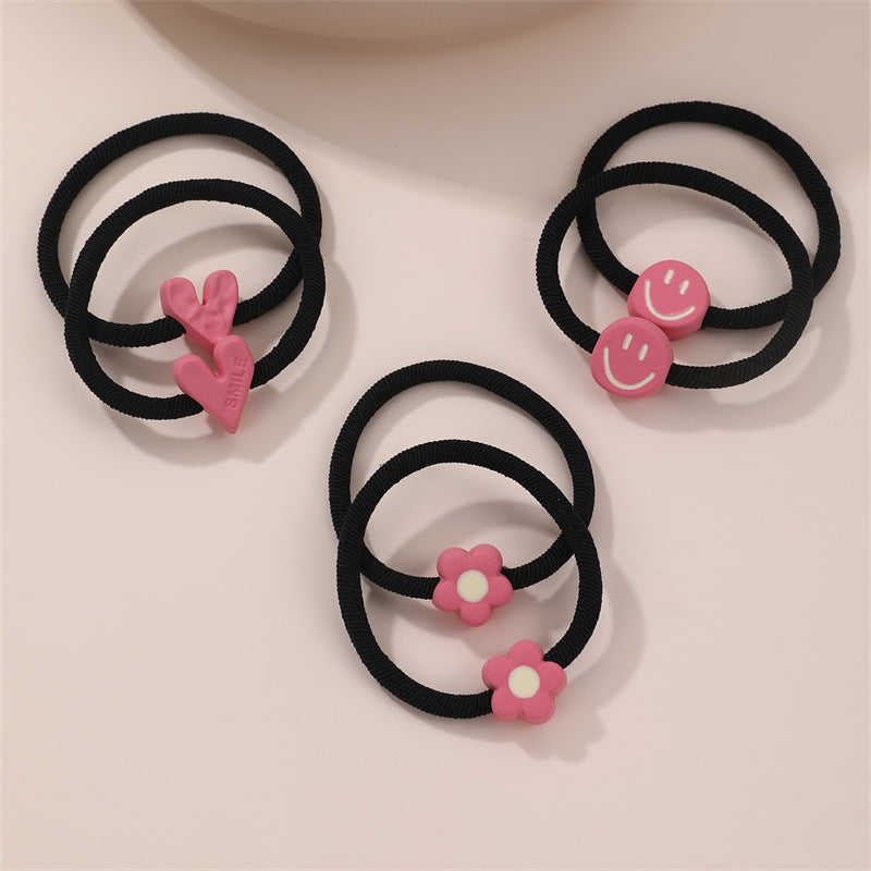Cartoon Style Pink Smiley Heart and Floral Hair Tie for Kids with High Elasticity Fabric
