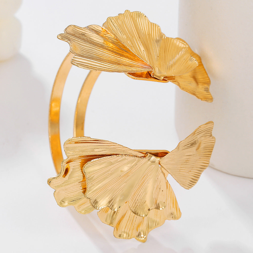 Geometric Silver-Plated Alloy Cuff Bracelet with Ruffled Ginkgo and Floral Accents for Women