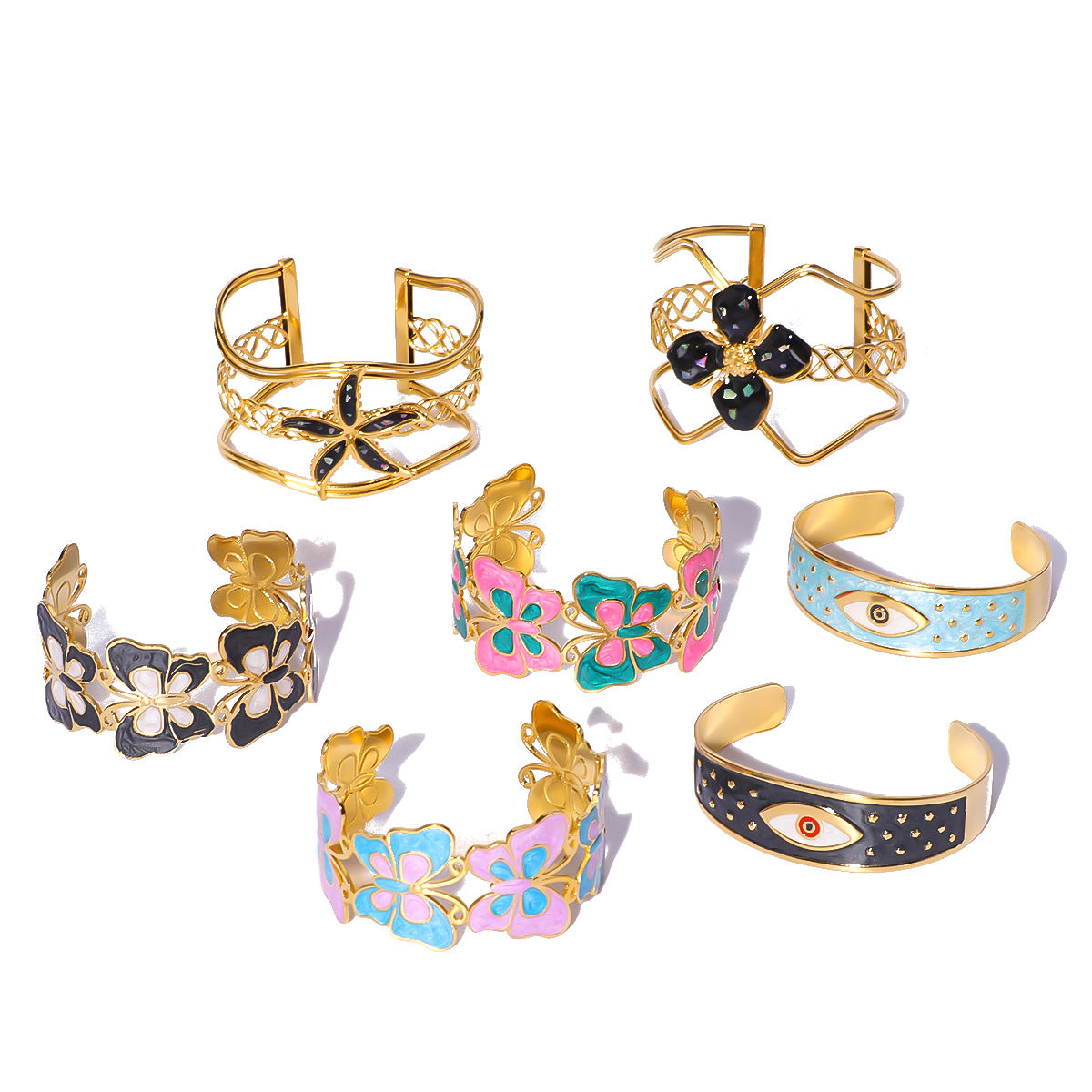 Bracciale rigido regolabile in acciaio inossidabile smaltato con placcatura in oro sottovuoto, motivo floreale geometrico e occhio di Fatima in stile vintage