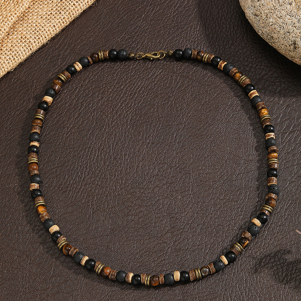 Hip-hop Geometric Round Wood and Tiger Eye Bead Necklace with Cable Chain for Unisex