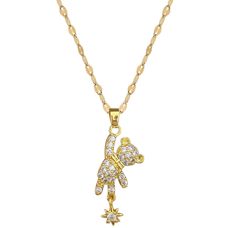 Collana con ciondolo a orso minimalista Starburst in acciaio inossidabile con intarsio di strass per donna e uomo, delicata catena clavicolare