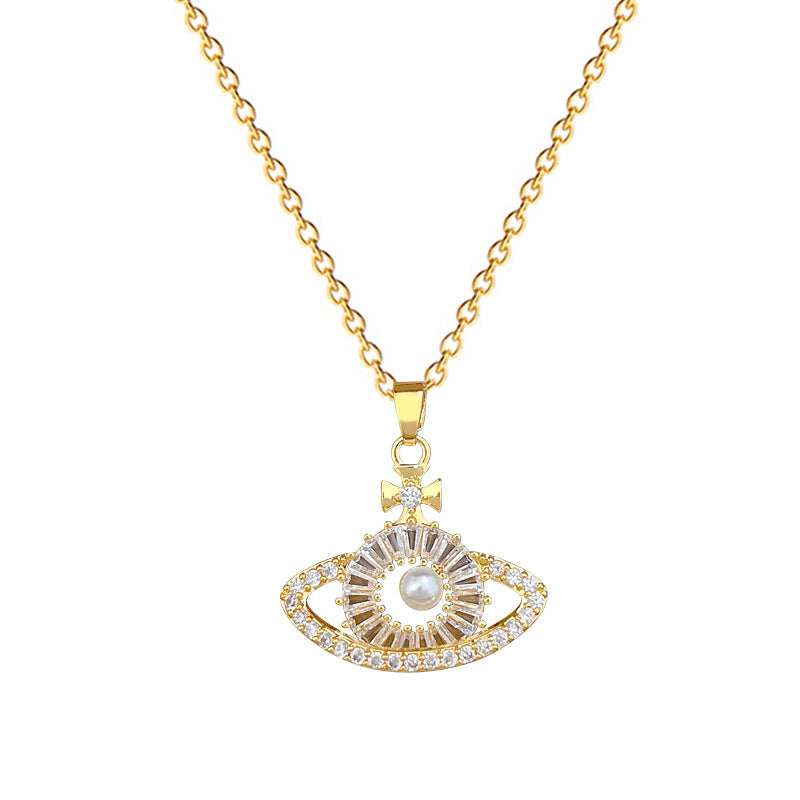 Sweet Luxury Moon Rhinestone Pearl Pendant Titanium Steel Necklace for Unisex