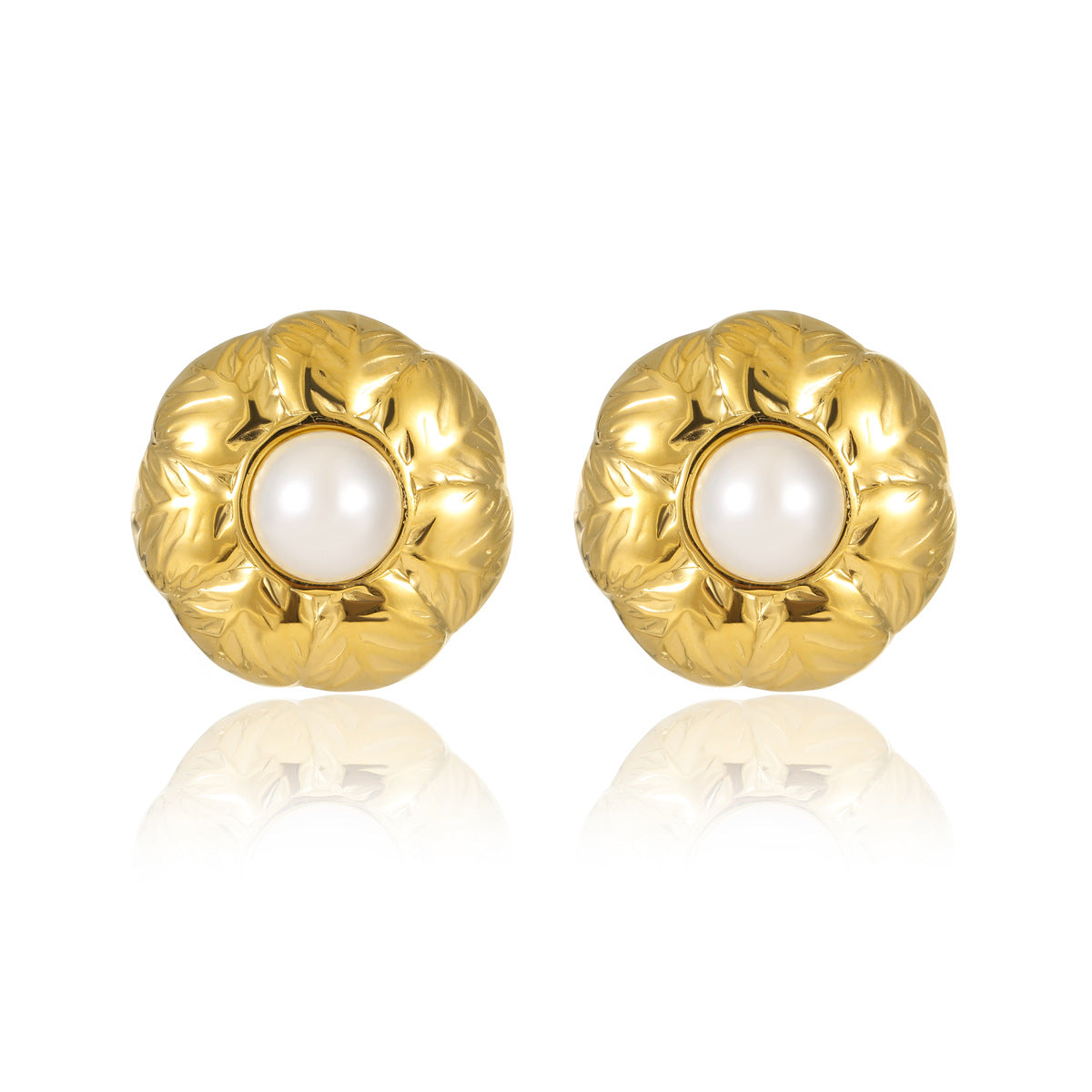 Pendientes de botón redondos de acero de titanio con textura de perlas incrustadas estilo vintage para mujer
