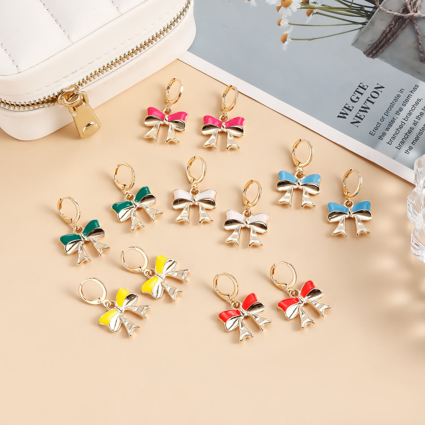 Fashionable Bow-Shaped Geometric Earrings in Alloy with Enamel Coloring and Plated Finish
