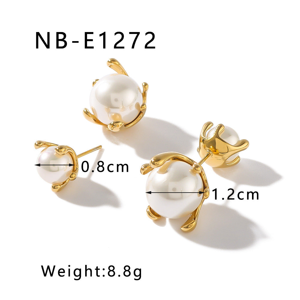 Vintage French Style Geometric C-Shaped Stainless Steel Earrings with Pearl Inlay Plated in 18K Gold for Women