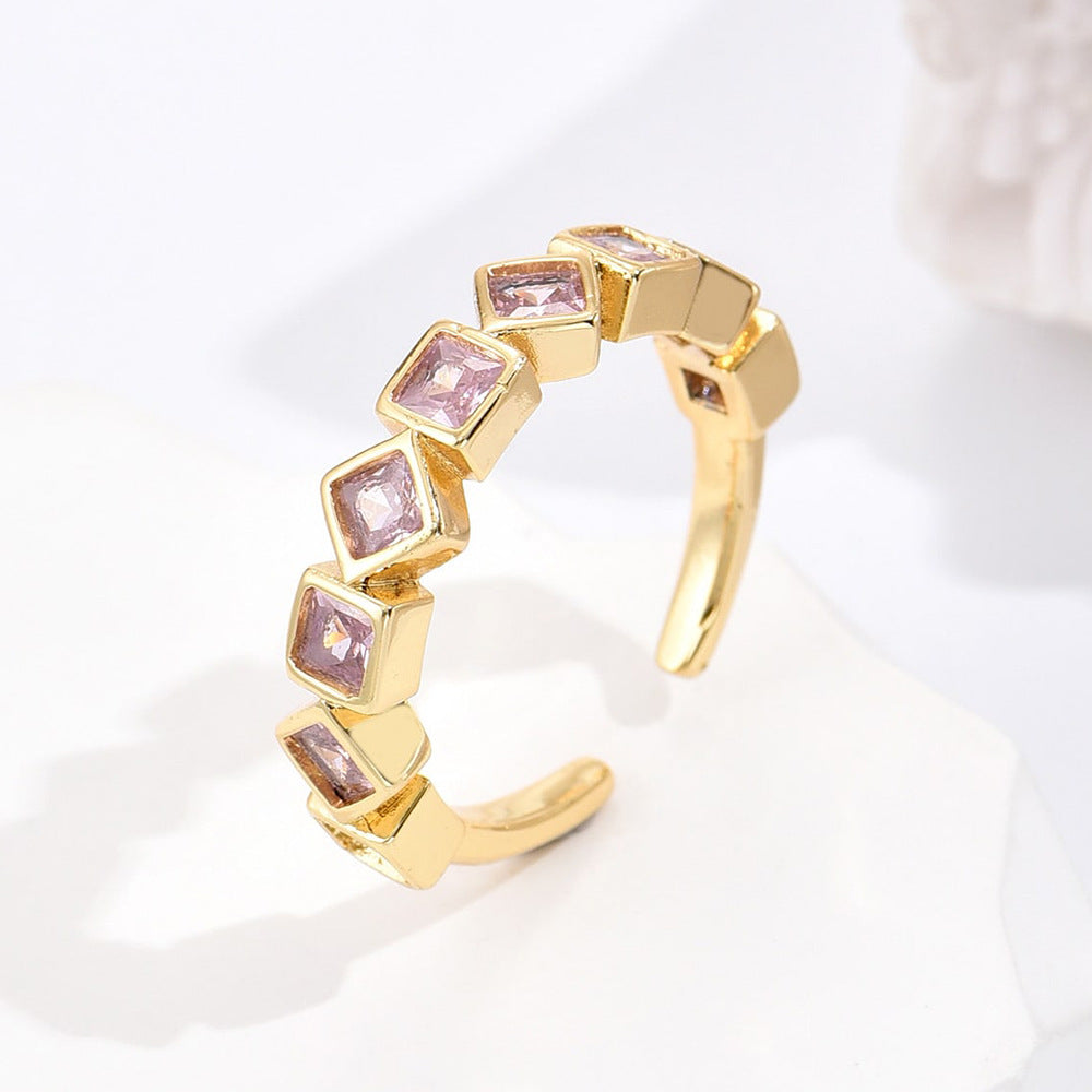 Anello da donna aperto geometrico minimalista in ottone placcato oro con micro-pavé di zirconi