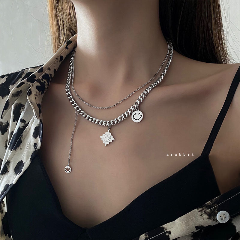Minimalist Smile Pendant Necklace in Polished Titanium Steel for Women and Men, Geometric Design Layered Clavicle Chain