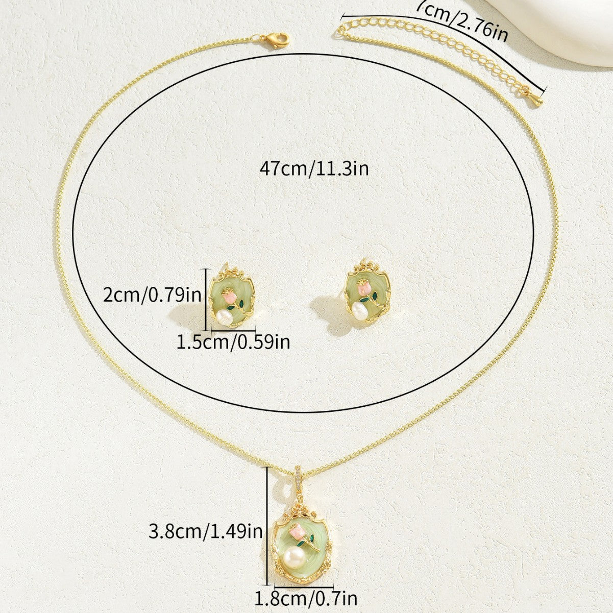 Juego de collar con colgante de rosa estilo floral y pendientes con detalles de esmalte e incrustaciones de perlas sobre base de cobre para mujer