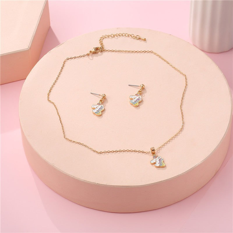 Set di Orecchini a Perno e Collana con Animali dei Cartoni Animati per Bambini, Gioielli in Lega con Finitura Smaltata e Accenti di Strass