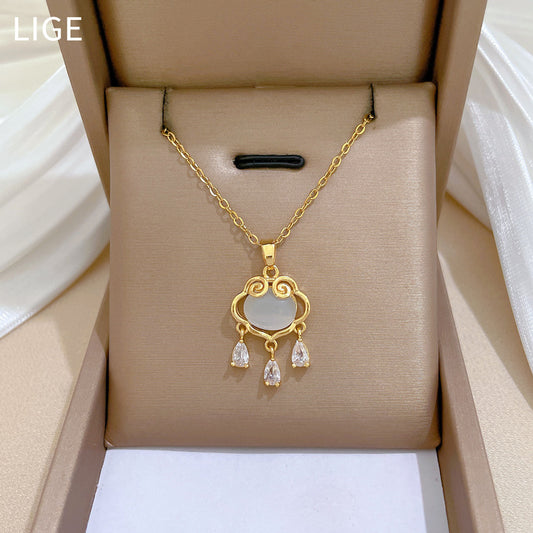 Luxury Titanium Steel Cat's Eye Stone Lucky Lock Pendant Necklace for Women with Full Rhinestone Inlay and Geometric Design for Clavicle Styling