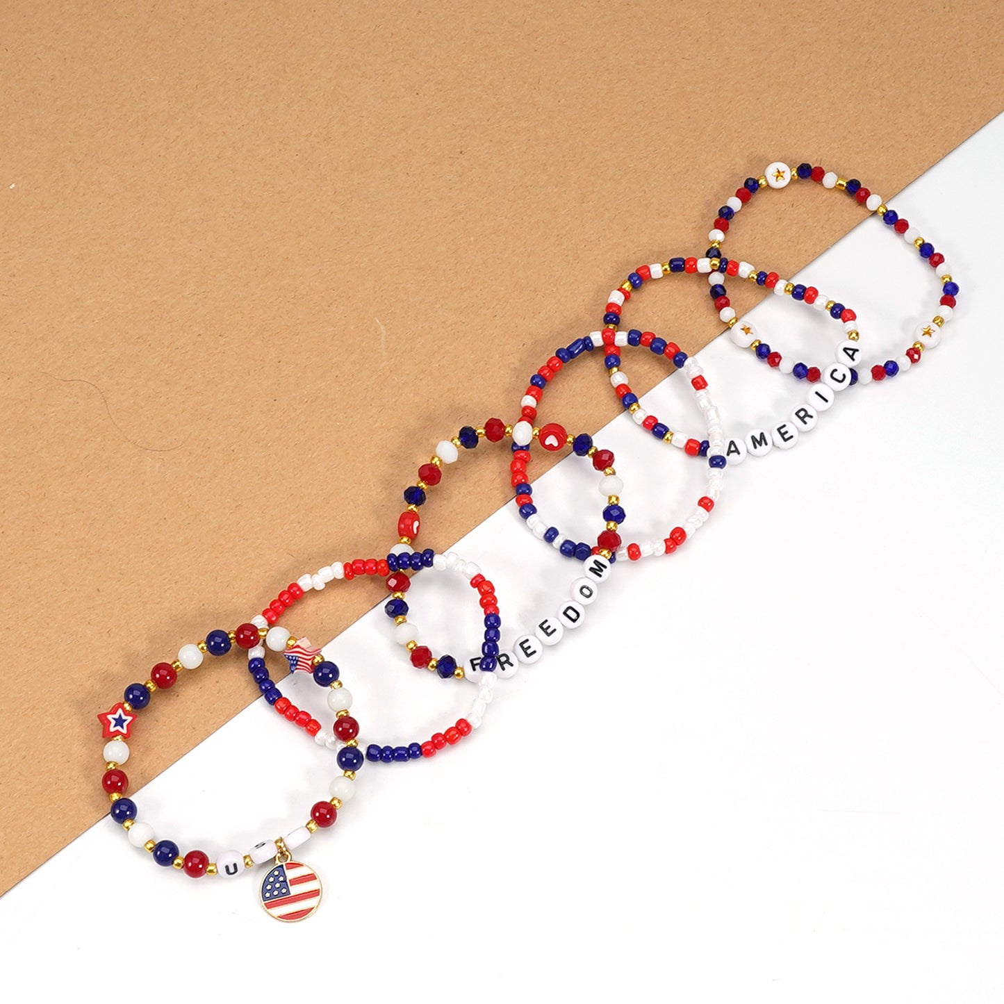 Braccialetto Patriotic Rosso Bianco Blu a Stella Geometrica con Perline in Vetro Unisex