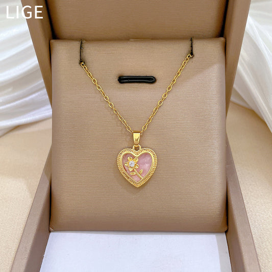 Encantador collar con colgante floral en forma de corazón para mujer, de acero inoxidable, minimalista, elegante, cadena para clavícula con detalles de diamantes de imitación