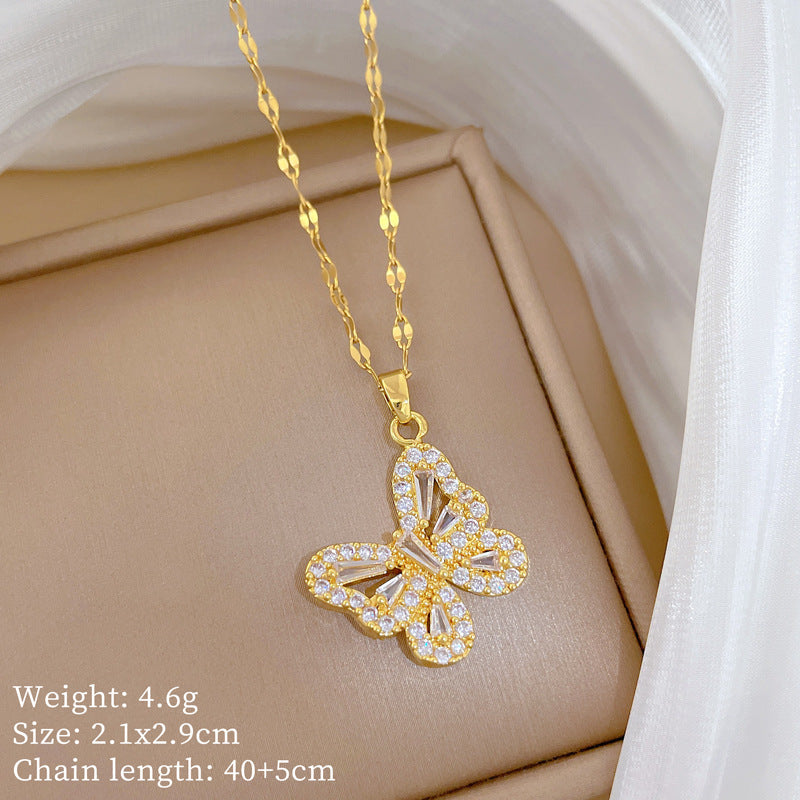 Sweet Minimalist Geometric Butterfly Rhinestone Inlay Titanium Steel Necklace for Unisex