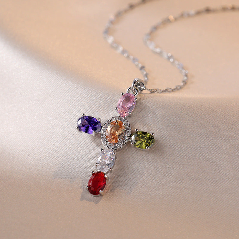 Vintage Sweet Cross Cubic Zirconia Inlay Titanium Steel Necklace for Women