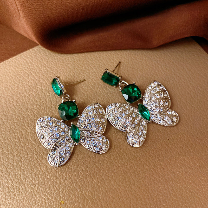 Vintage Green Rhinestone Butterfly Pearl Earrings with Stainless Steel Posts for Women
