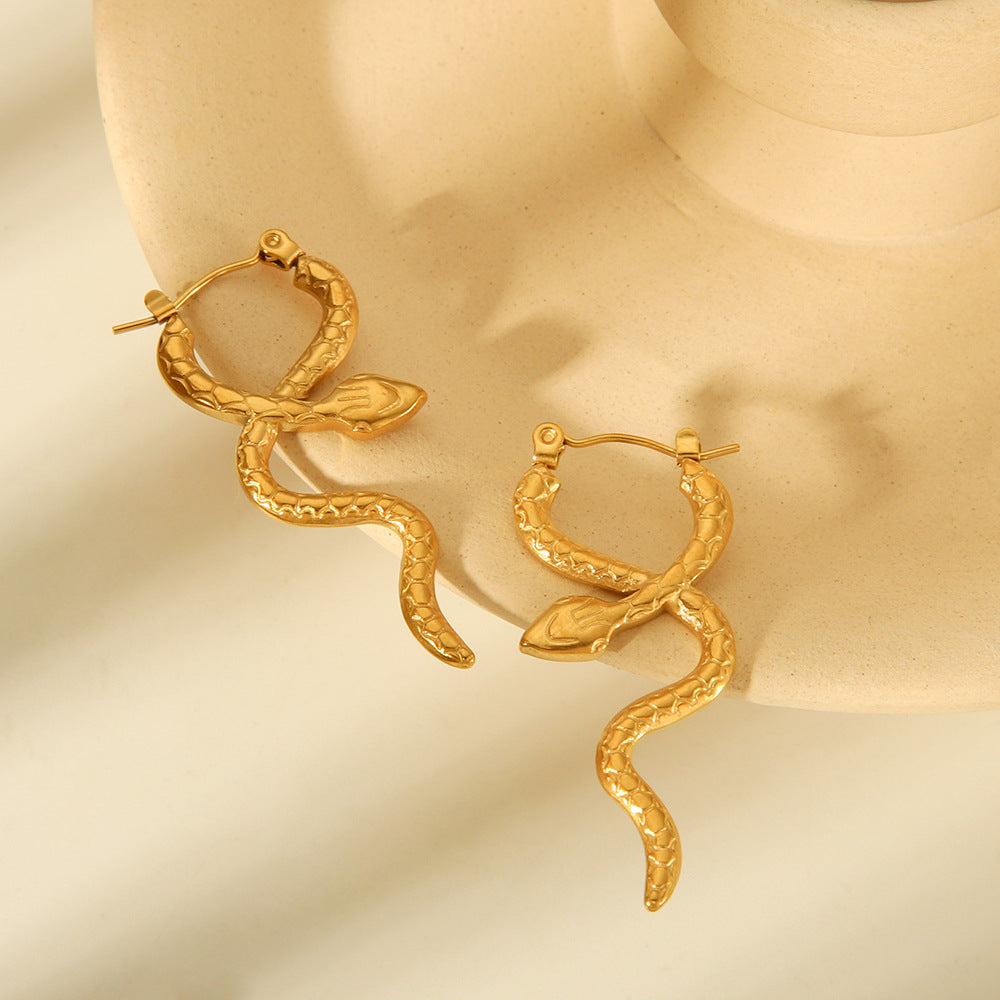 Snake Shape Stainless Steel Earrings with 18K Gold Plating for Women — Geometric, Stylish, Unique, High-End Fashion Ear Cuffs
