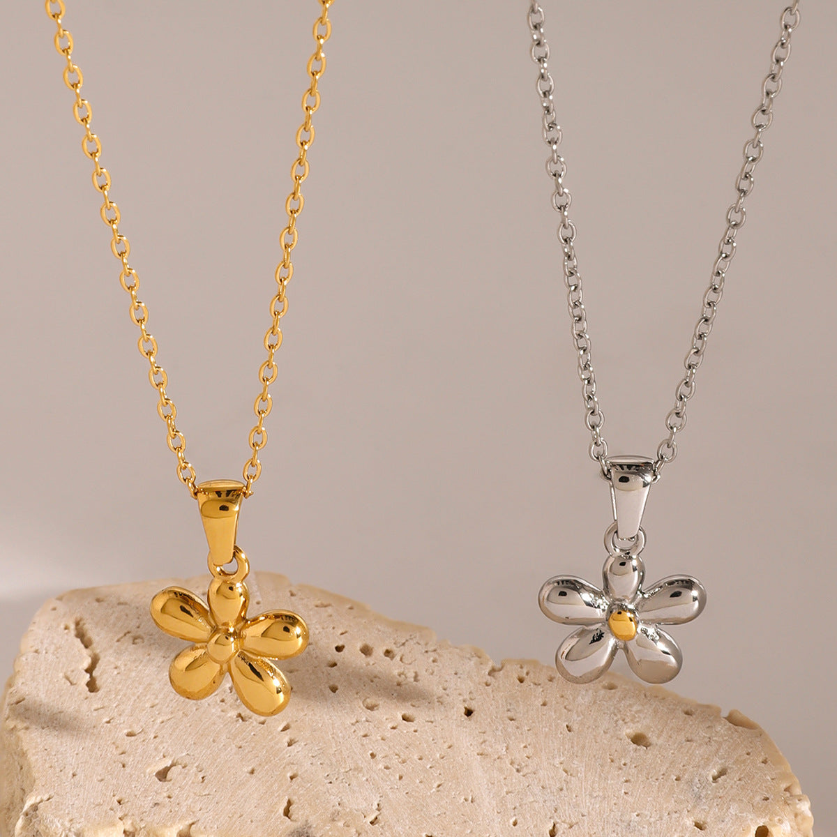 Floral Shape Stainless Steel Pendant Necklace with Titanium Steel Charm and Plated Finish Snake Chain for Women
