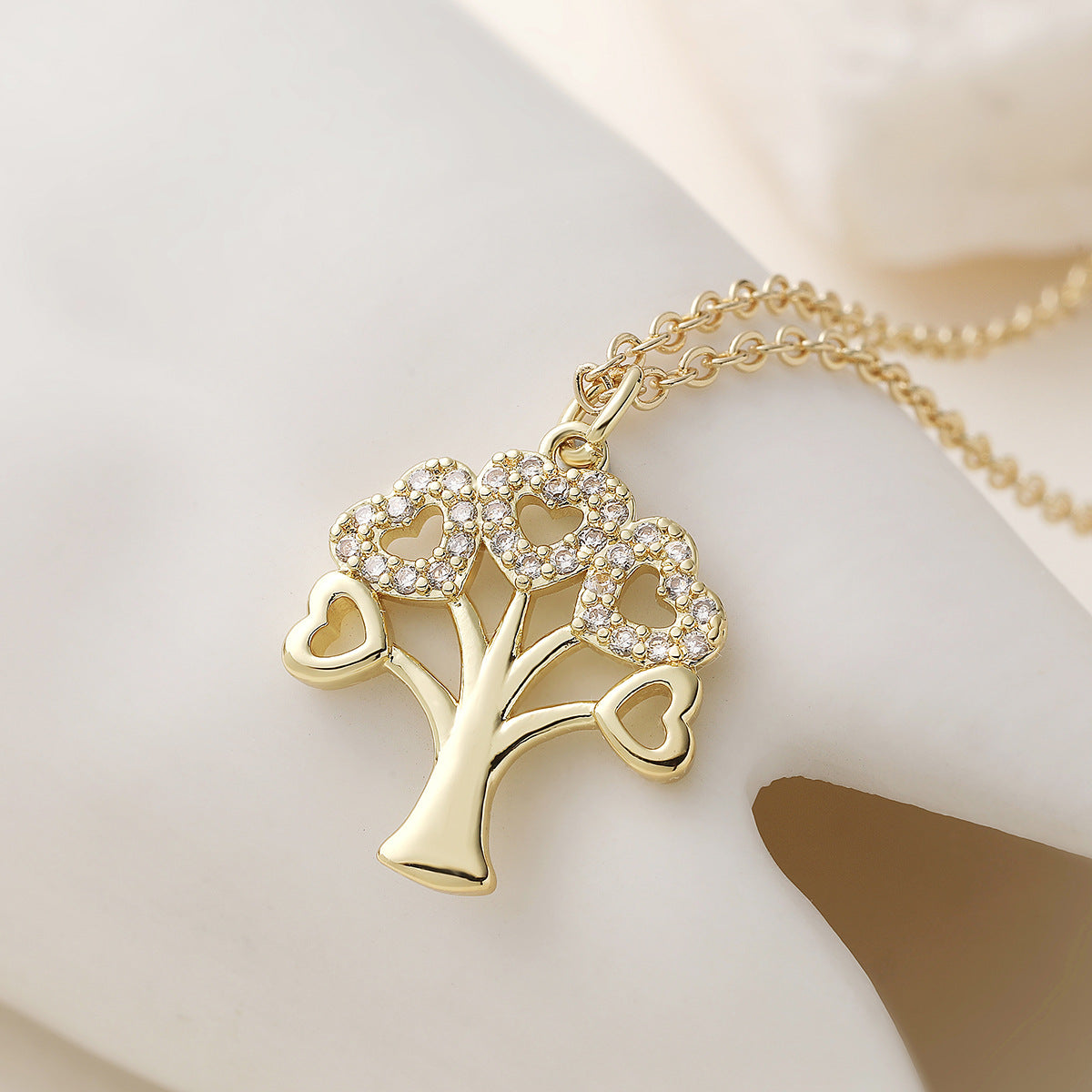 Minimalist Elegant Gold Plated Brass Geometric Tree of Life Pendant Necklace with Cubic Zirconia for Women