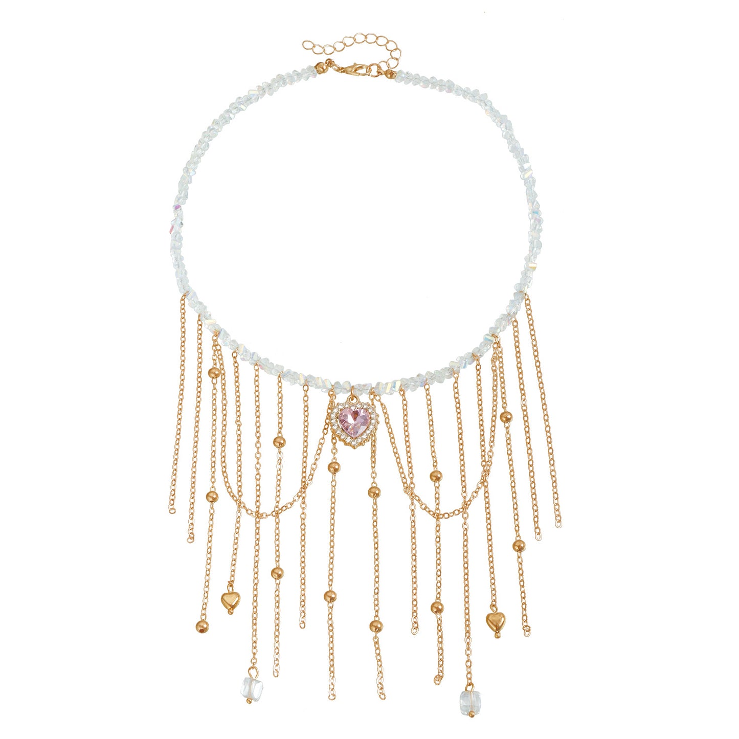 Romantic Pink Heart-Shaped Alloy Pendant Necklace with Tassel Accents and Electroplated Finish for Women