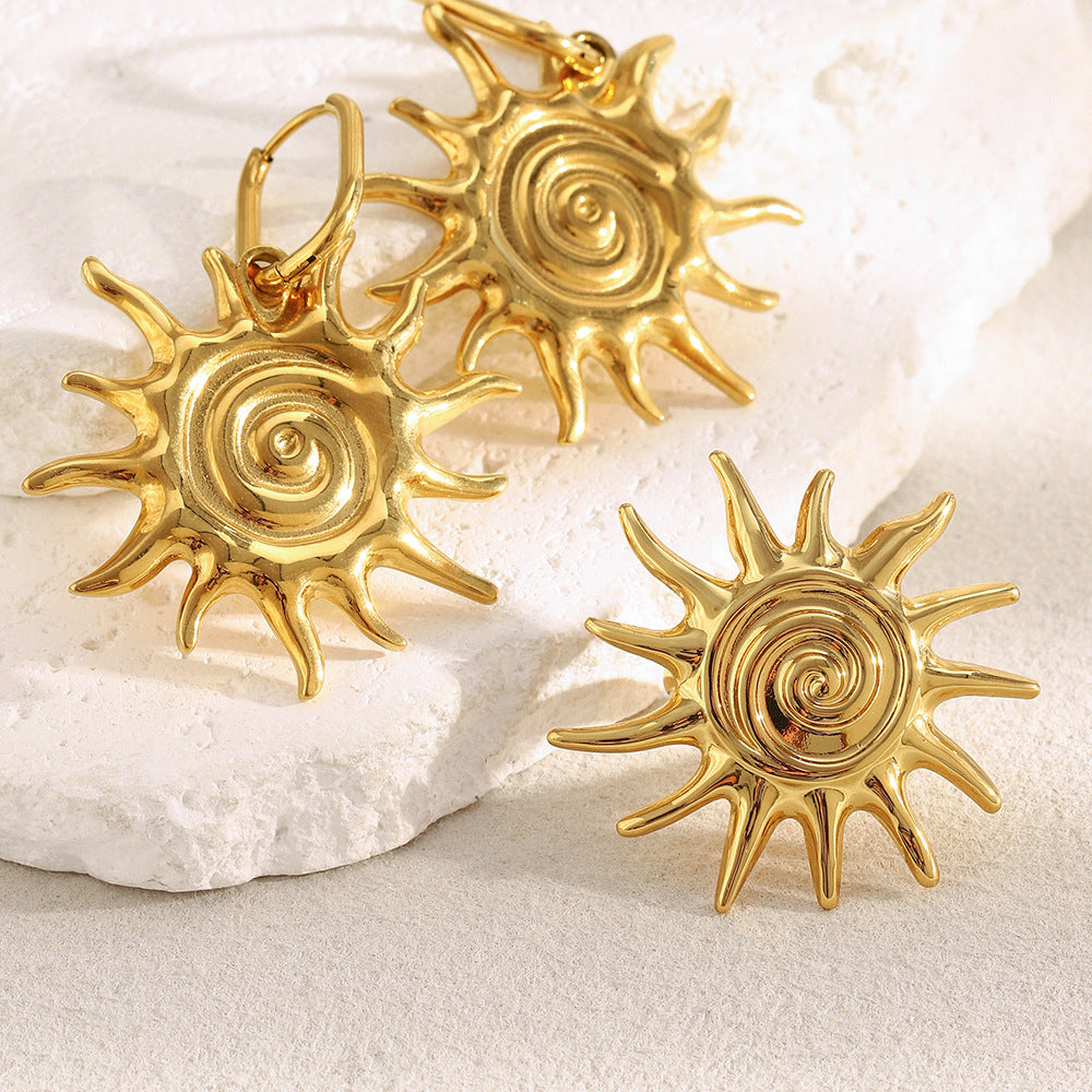 Minimalist Sun-Shaped Stainless Steel Plated 18K Gold Earrings for Women