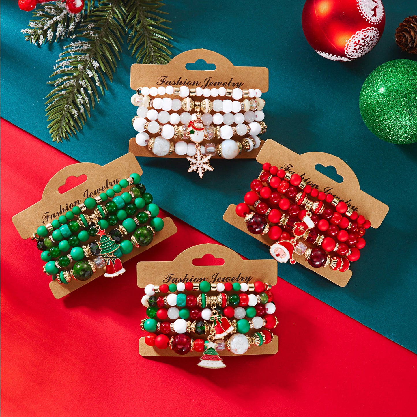 Set di braccialetti elastici da donna a tema natalizio alla moda con perline di Babbo Natale e renne in acrilico in lega