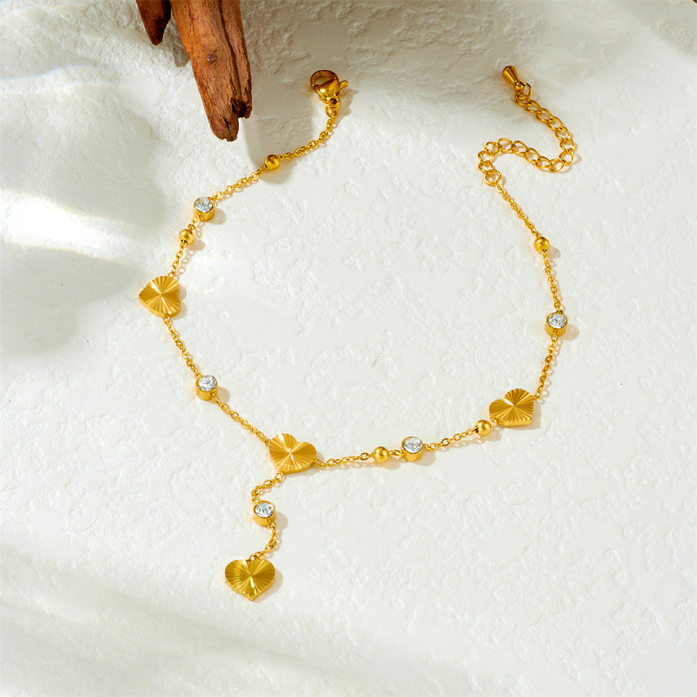 Minimalist Casual Gold Plated Stainless Steel Rhinestone Heart Butterfly Flower Tassel Anklet for Women