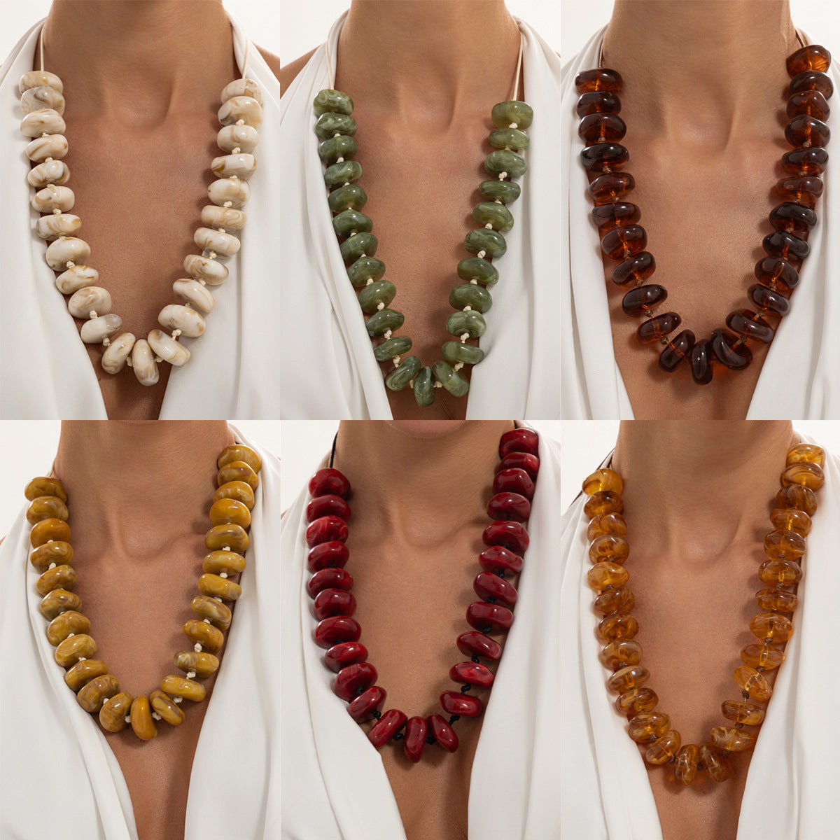 Bohemian Geometric Gradient Acrylic Beaded Necklace Adjustable Wax Cord Women's Jewelry