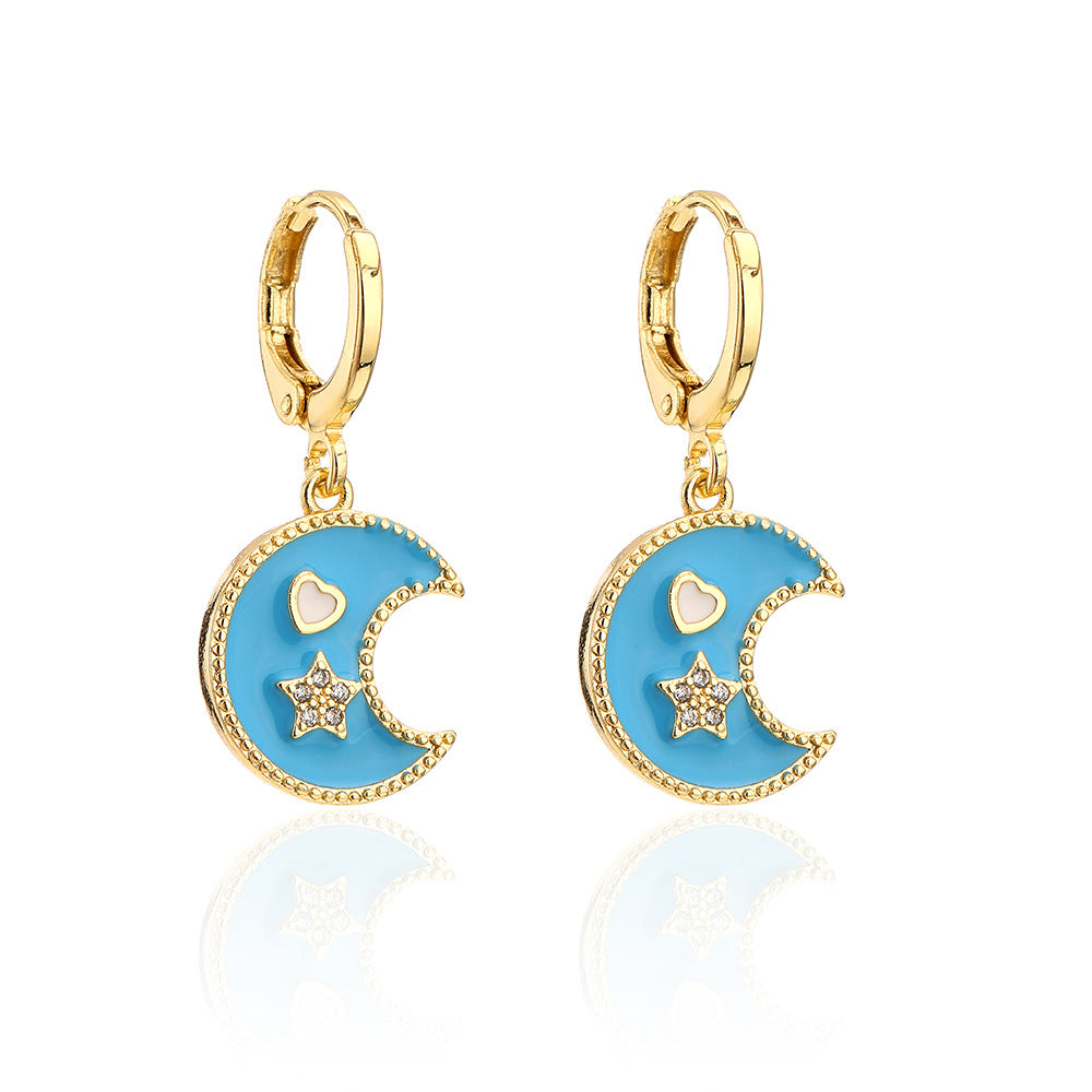 Orecchini minimalisti a forma di stella e luna in rame placcato oro 18K con finitura smaltata da donna