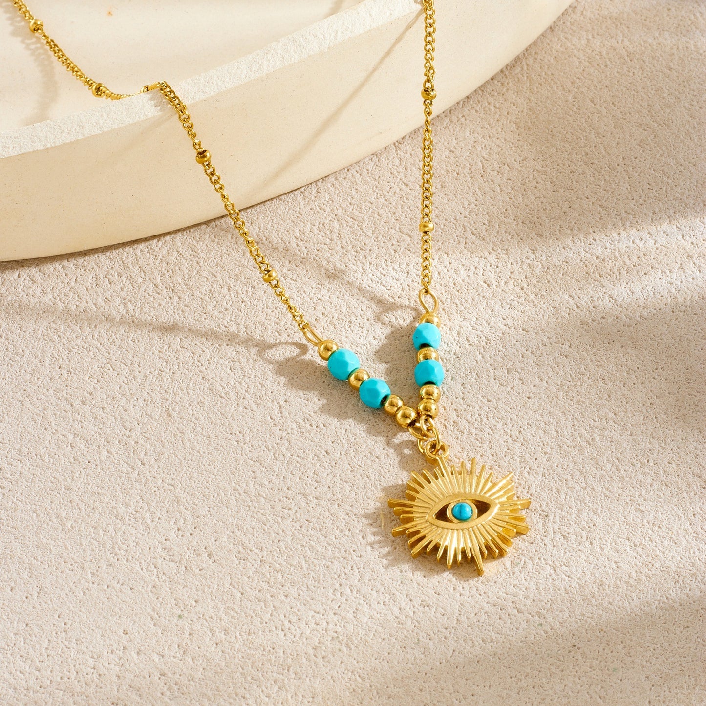 Vintage Gold Plated Stainless Steel Turquoise Eye Bead Pendant Necklace Set for Women