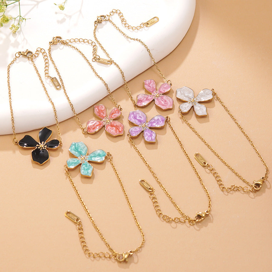 Sweet Drip Oil Floral Stainless Steel Necklace and Bracelet Set for Women