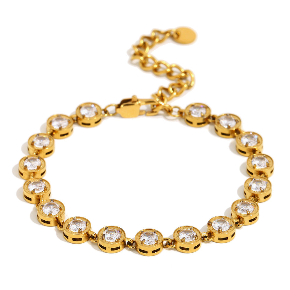 Minimalist Geometric Pendant Necklace and Bracelet Set in Stainless Steel with 18K Gold Plating and White Zircon Accents for Women