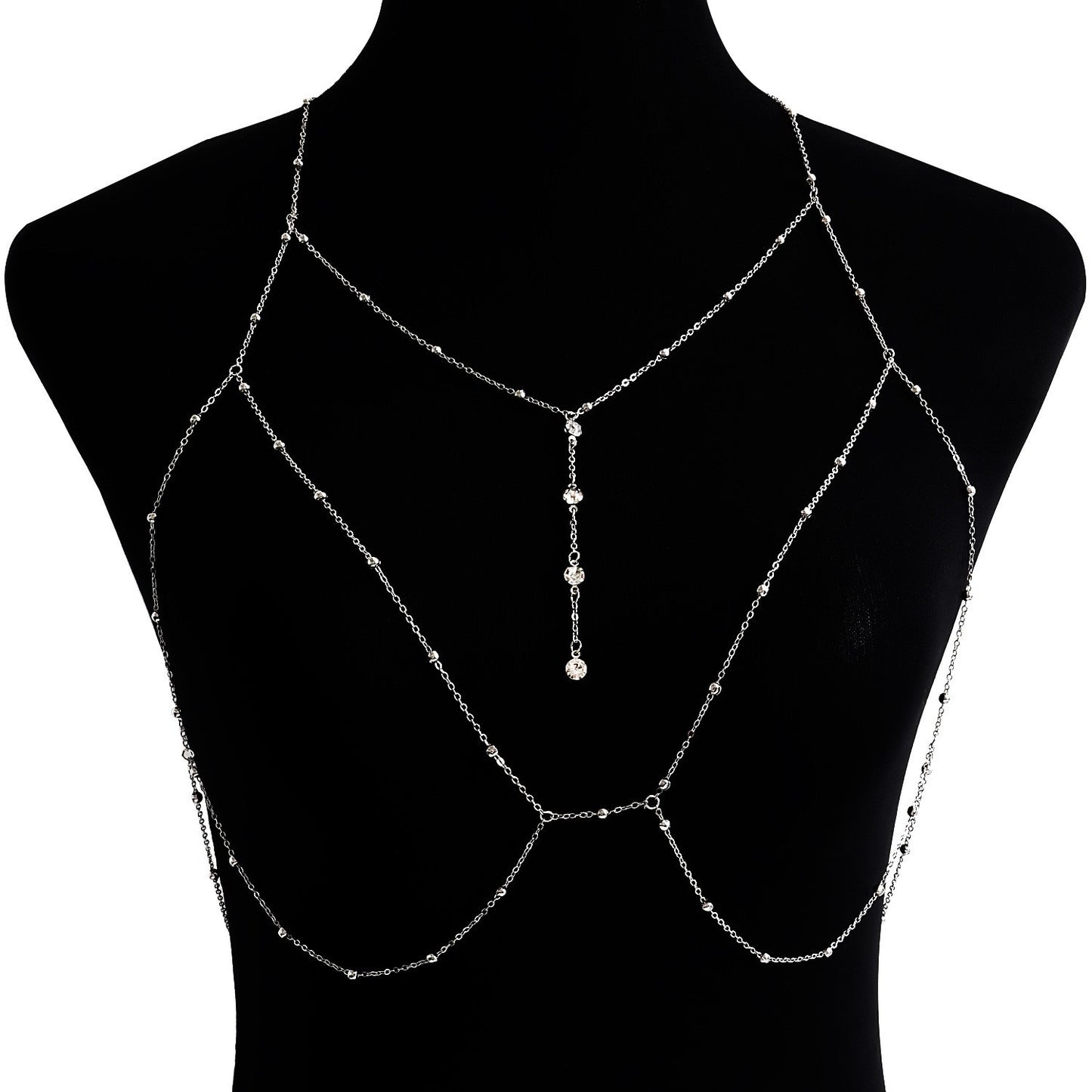 Cadena corporal de bikini estilo punk con flecos para mujer con piedras de circonita en cadena de metal para la cintura para el verano