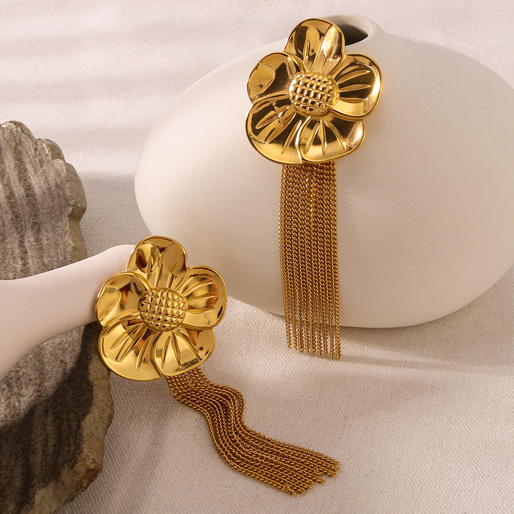 Pendientes minimalistas de acero inoxidable con forma de girasol, borlas y baño de oro de 18 quilates al vacío para mujer