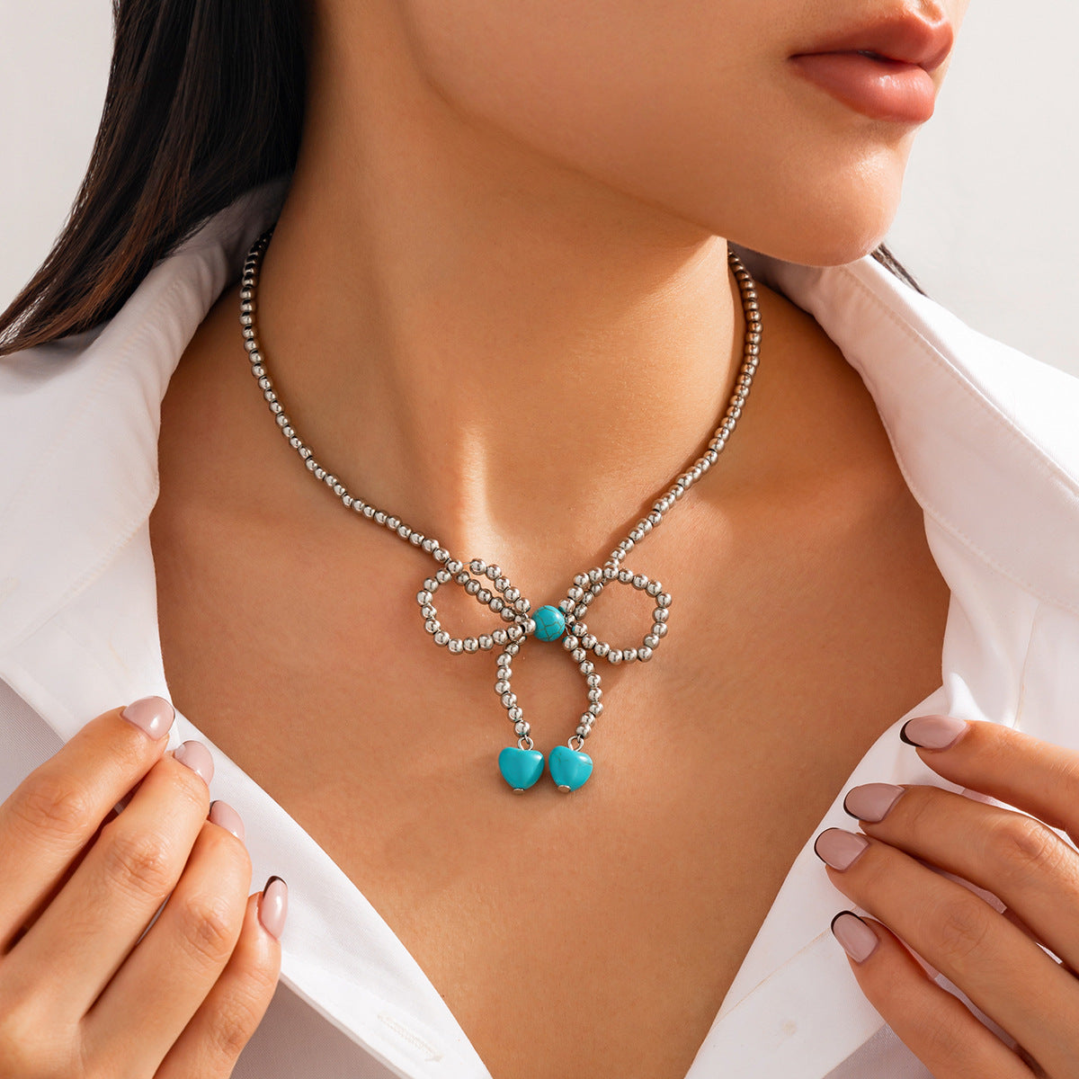 Minimalist Plated Resin Beaded Necklace with Turquoise Bow Pendant for Women