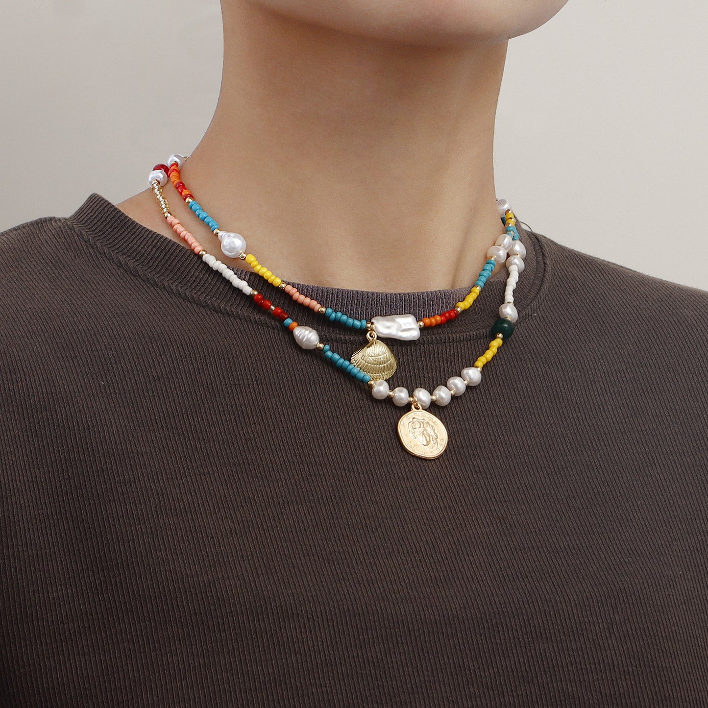 Bohemian Style Colorful Seed Bead and Seashell Pendant Necklace for Women Geometric Alloy Design with Plated Finish