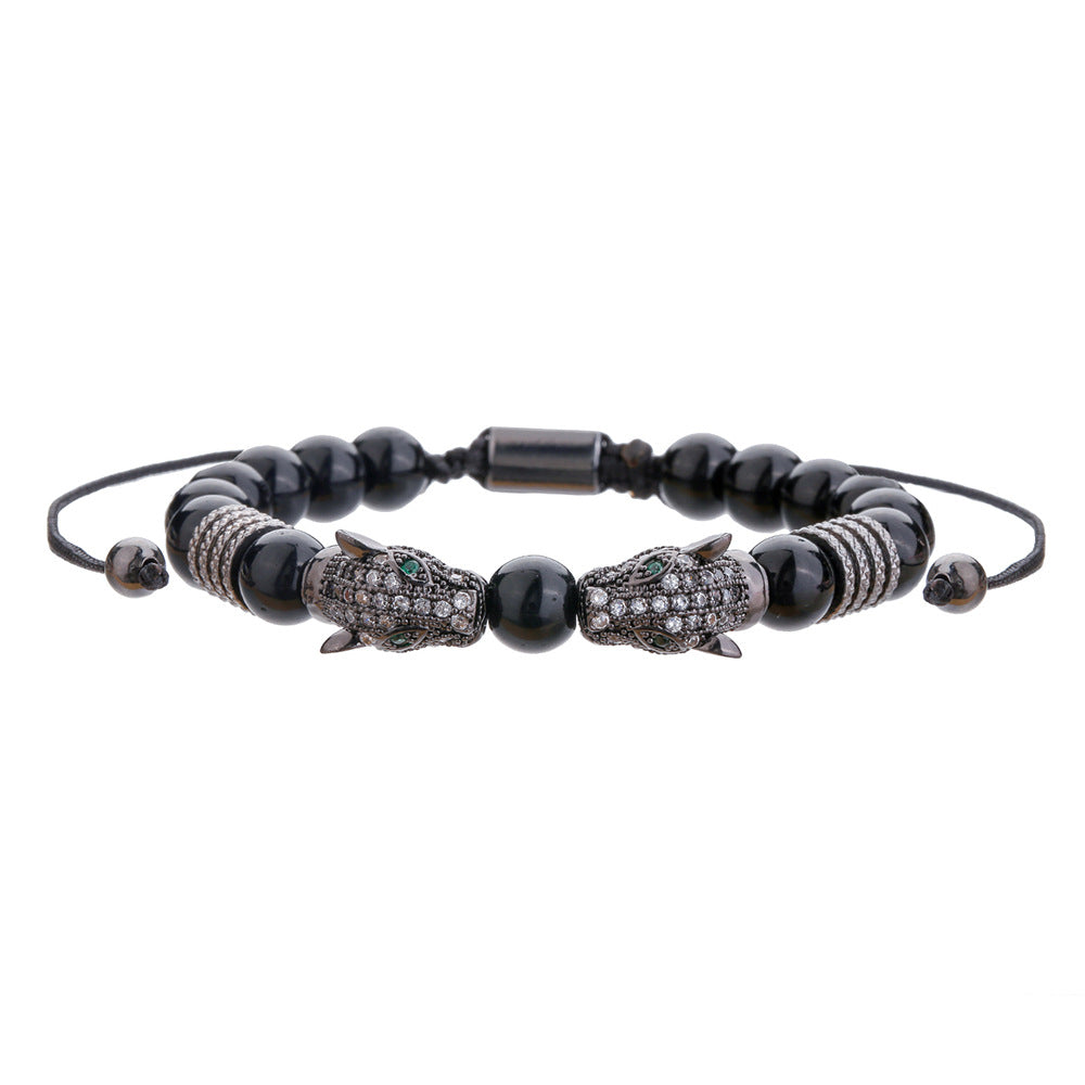Hip-hop Micro-inlaid Cubic Zirconia Leopard Head Adjustable Stainless Steel Bracelet with Black Agate