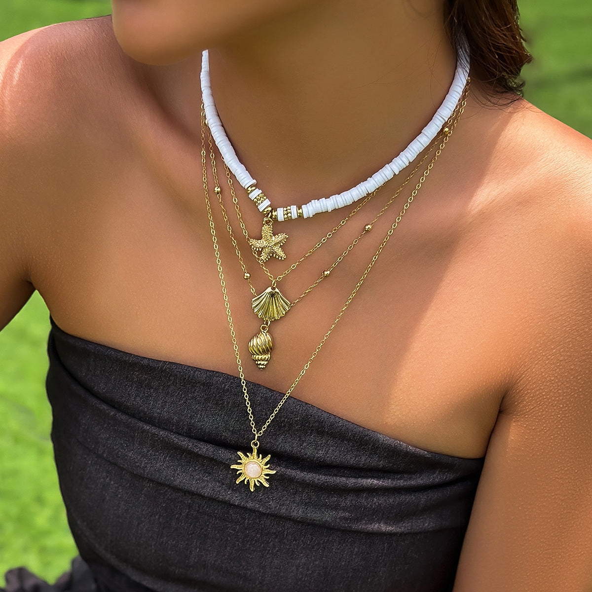 Sweet Bohemian U-Shape Starfish Alloy Plated Pendant Necklace with Tassel and Shell Elements for Women