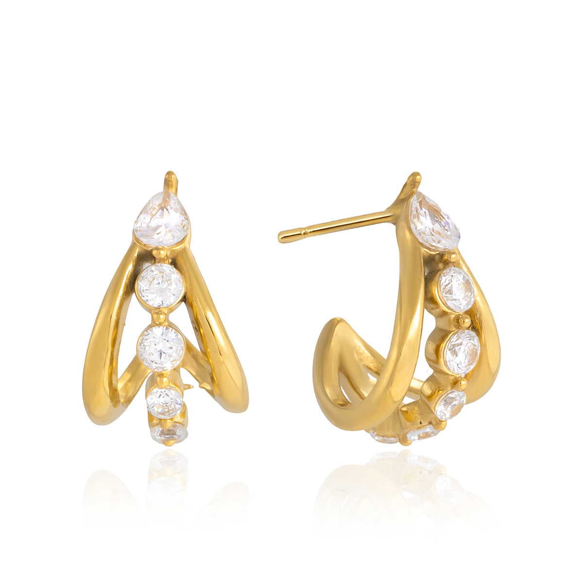 Minimalist Elegant Geometric Stainless Steel Plated Cubic Zirconia C-Shaped Earrings for Women
