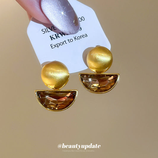 Orecchini a perno tondi geometrici vintage placcati oro 18 carati con rame, intarsio di strass, perno in acciaio