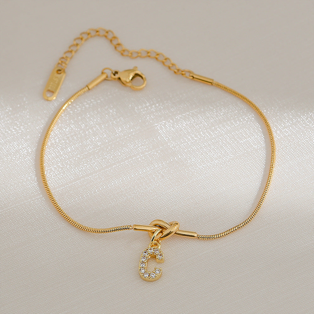 18K Gold Plated Stainless Steel Letter Heart Knot Charm Bar Bracelet for Women