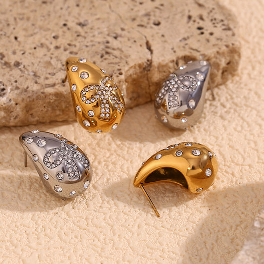 Orecchini da donna in acciaio inossidabile a goccia, placcati in oro 18 carati con intarsi in strass