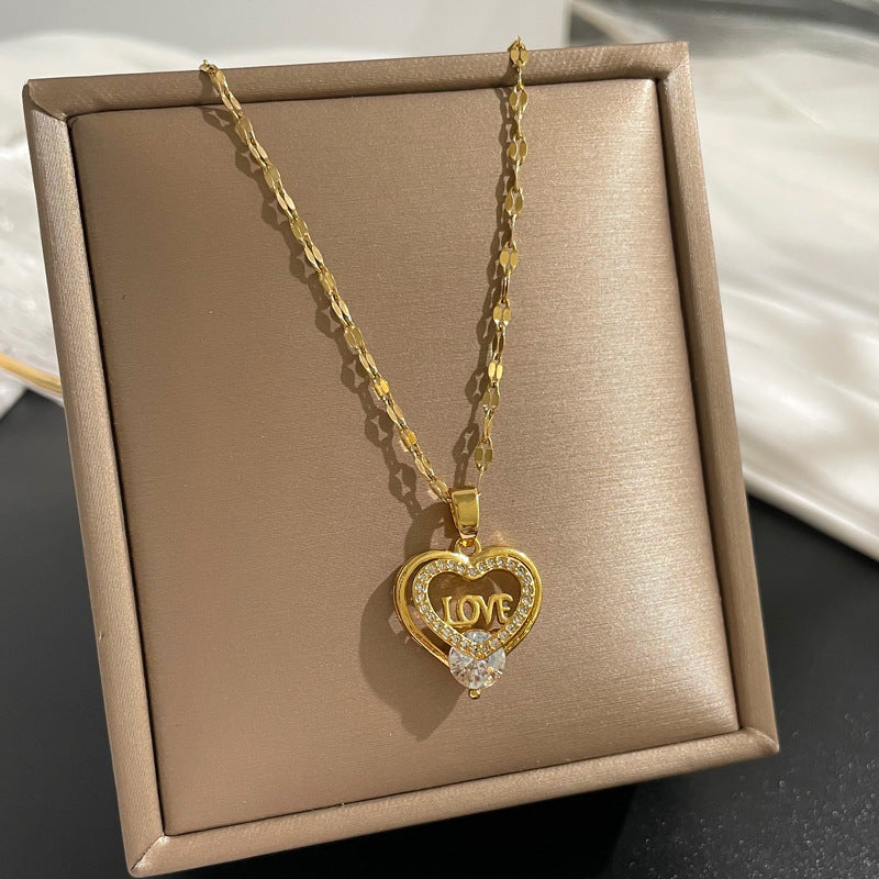 Minimalist Geometric Titanium Steel Necklace with Gold Plated Brass Pendant and Rhinestone Inlay