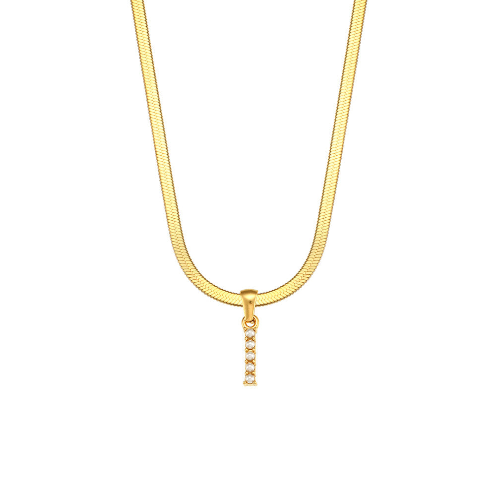 Fashionable Letter Pendant Necklace for Women Stainless Steel Plated 18K Gold Flat Snake Chain with Pearl Accent