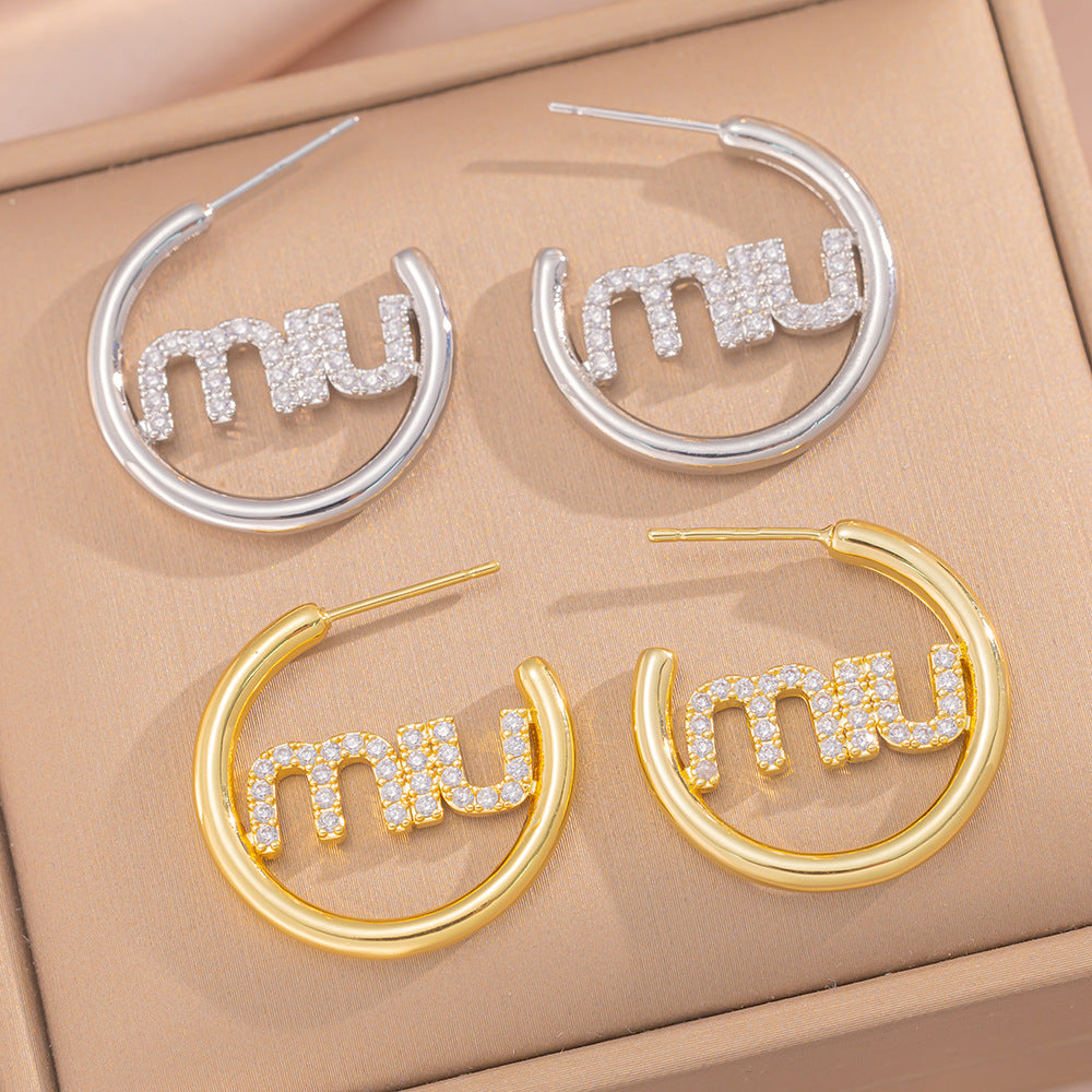 Minimalist M Letter Stud Earrings for Women in Brass with 18K Gold Plating and Rhinestone Accents