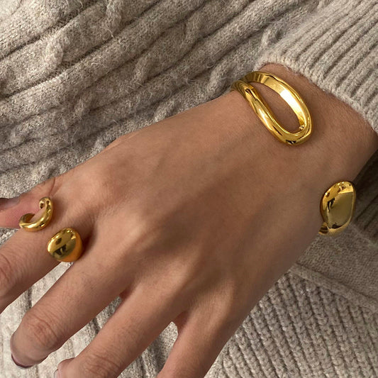 Minimalist Geometric Stainless Steel Gold-Plated Drop-Shaped Bracelet and Adjustable Ring Set