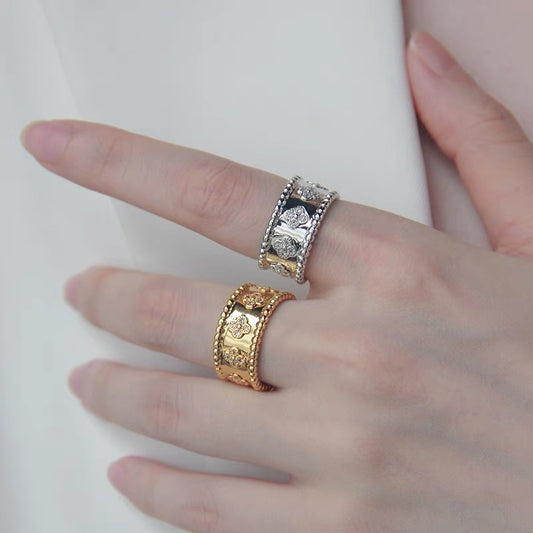 Anello da donna originale in rame a forma di quadrifoglio, placcato oro 18K con zirconi
